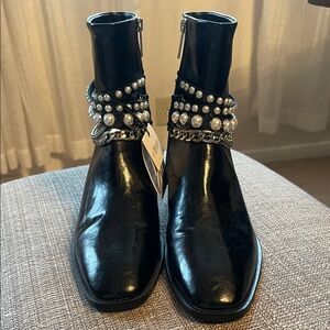 Zara Black Ankle Boots with Pearl and Chain Accents